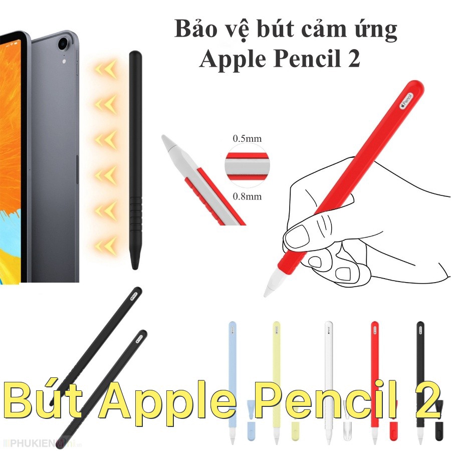 Ống silicon chống trơn trượt gồm 1 ống bảo vệ thân bút và 2 nắp bảo vệ đầu bút cho Apple Pencil 2