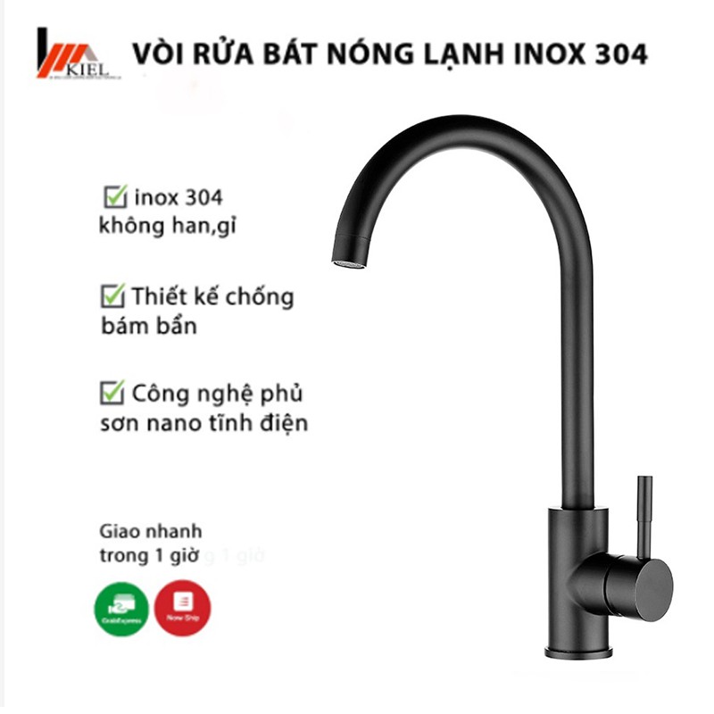 Vòi rửa bát nóng lạnh [ hàng cao cấp ]  inox 304 phun sơn tĩnh điện nano đen, tặng kèm dây cấp.