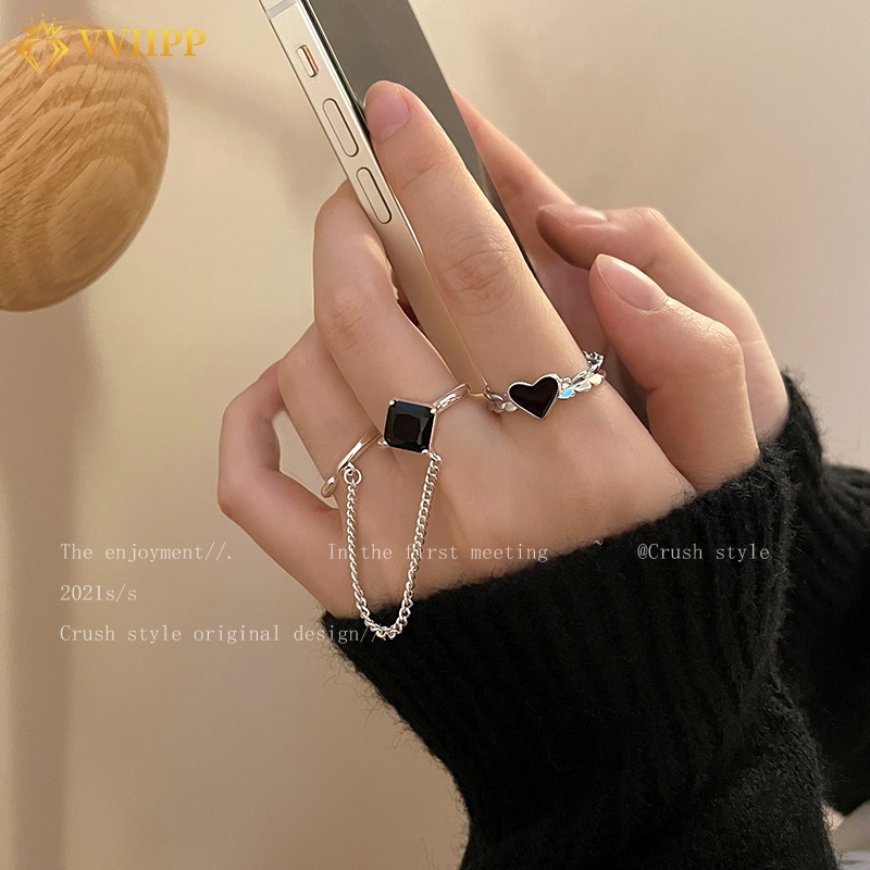 Set 3 Nhẫn Đính Đá Màu Đen Hình Trái Tim, Trái Tim