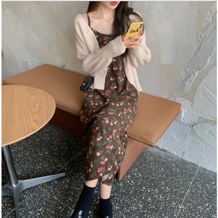 Váy hoa nhí nâu  hai dây nhung tăm phong cách trẻ trung nhẹ nhàng cô nàng tiểu thư