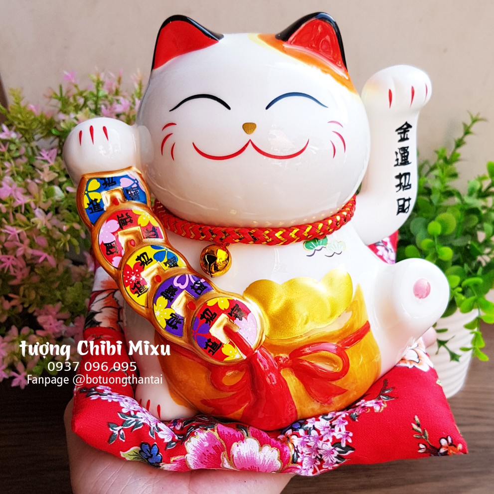 Mèo Thần Tài bằng sứ tay vẫy 16cm - dây tiền tài lộc