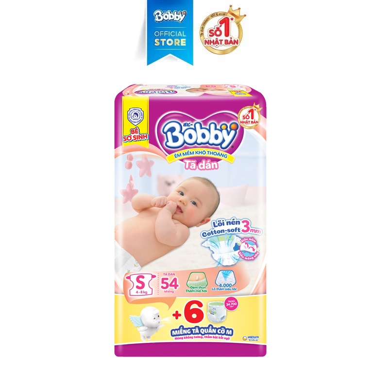 Tã dán Bobby lõi nén cotton-soft 3mm S54 - tặng 6 miếng tã quần size M