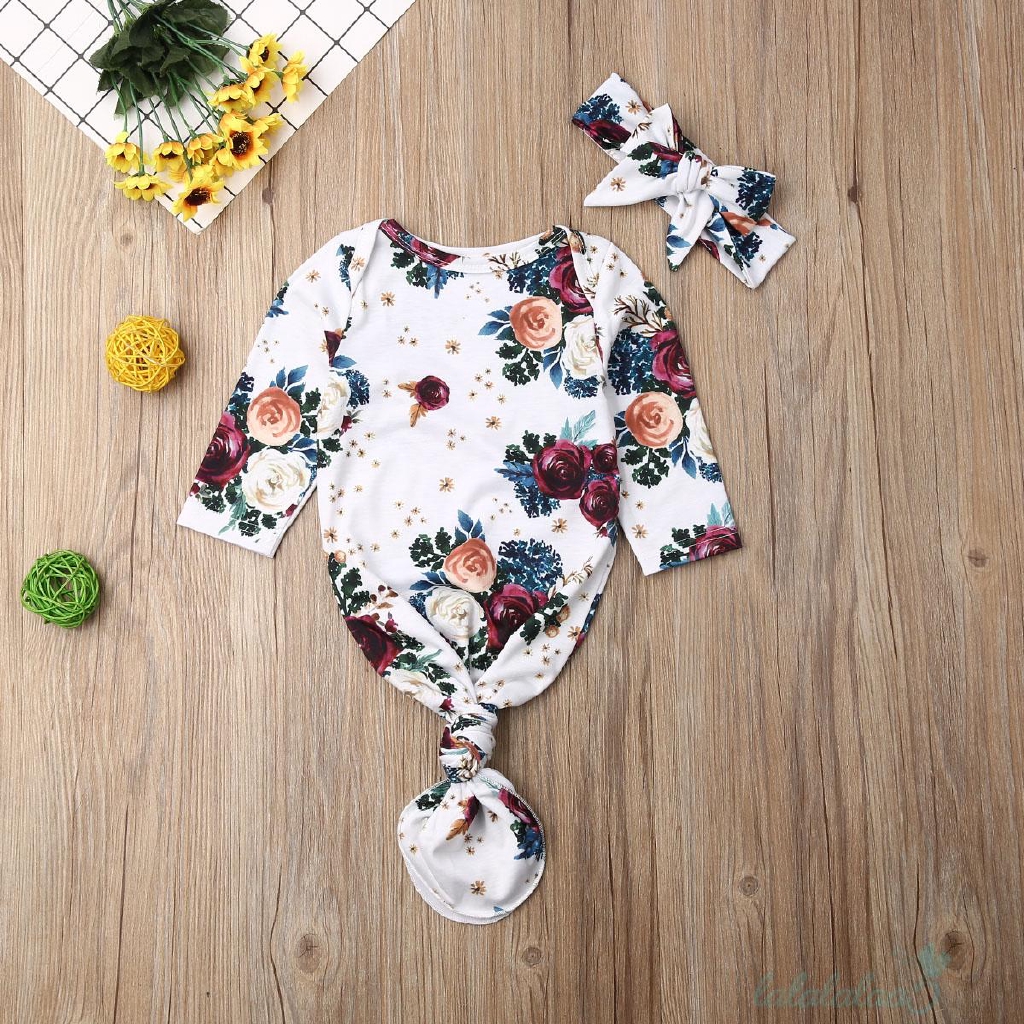 Set áo liền quần dài tay in hoa + mũ đáng yêu cho bé gái