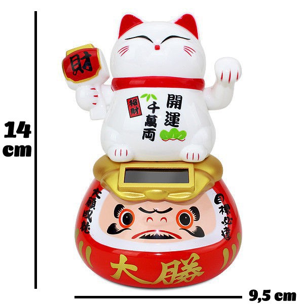 Mèo thần tài vẫy tay năng lượng mặt trời 14cm Maneki Neko cưỡi Daruma