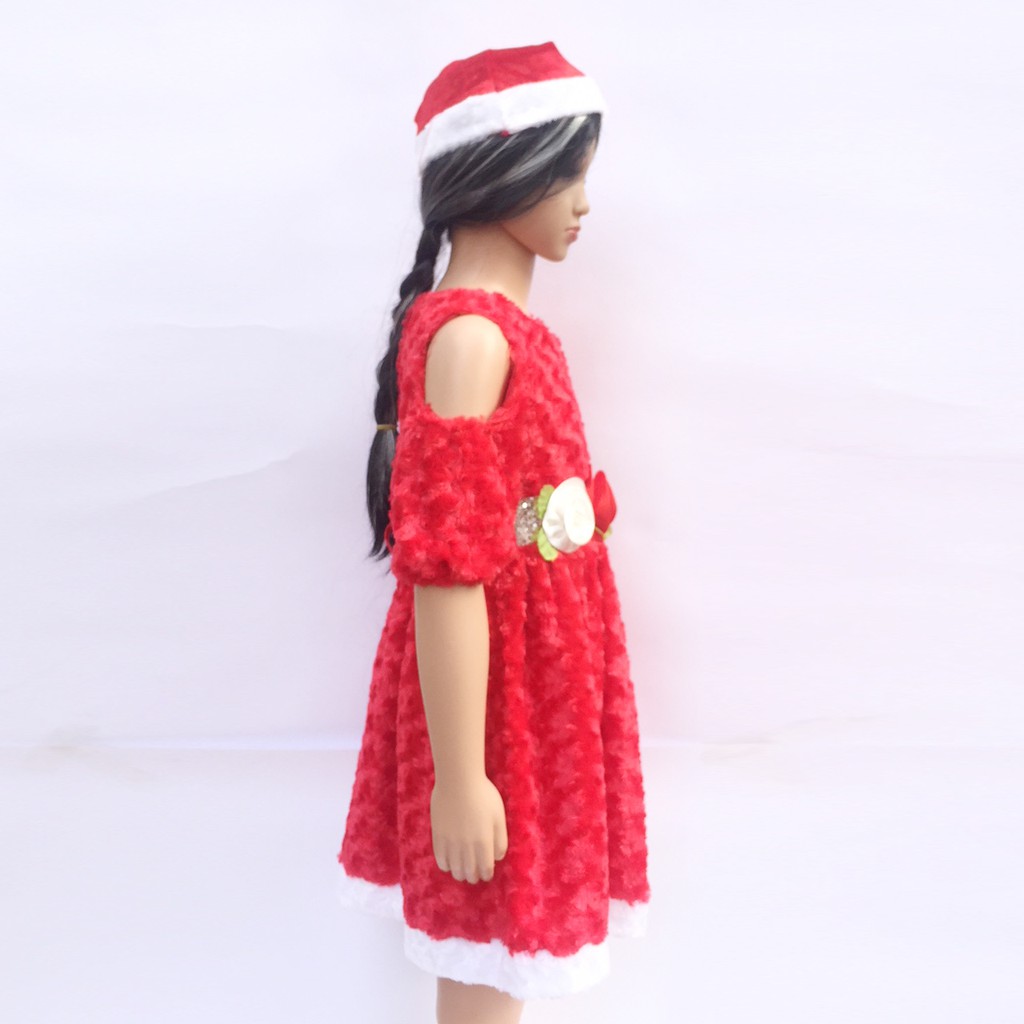 Váy nhung đỏ hoa hồng 3D kèm mũ cho bé chơi Giáng sinh Noel