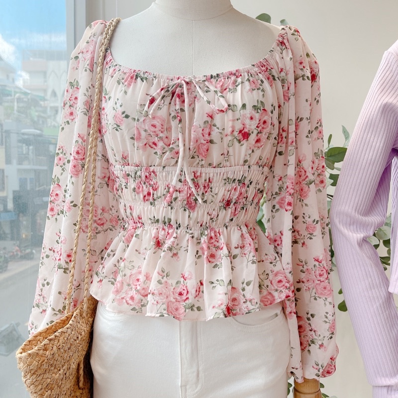 Áo voan hoa nhí cột nơ tay phồng ôm form nữ tính MIEU - JM04