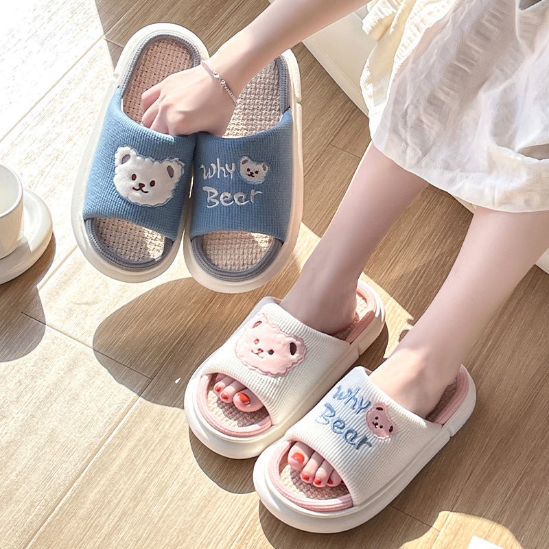 Dép Đi Trong Nhà Vải Lanh Đế Dày Khử Mùi Chống Trượt Thiết Kế Dễ Thương Cho Nữ