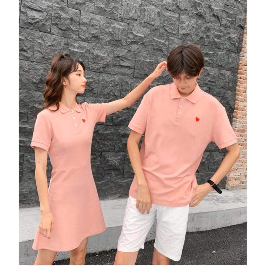 Đồ cặp nam nữ váy hồng in tim đỏ dễ thương phối cùng thun polo nam dễ thương