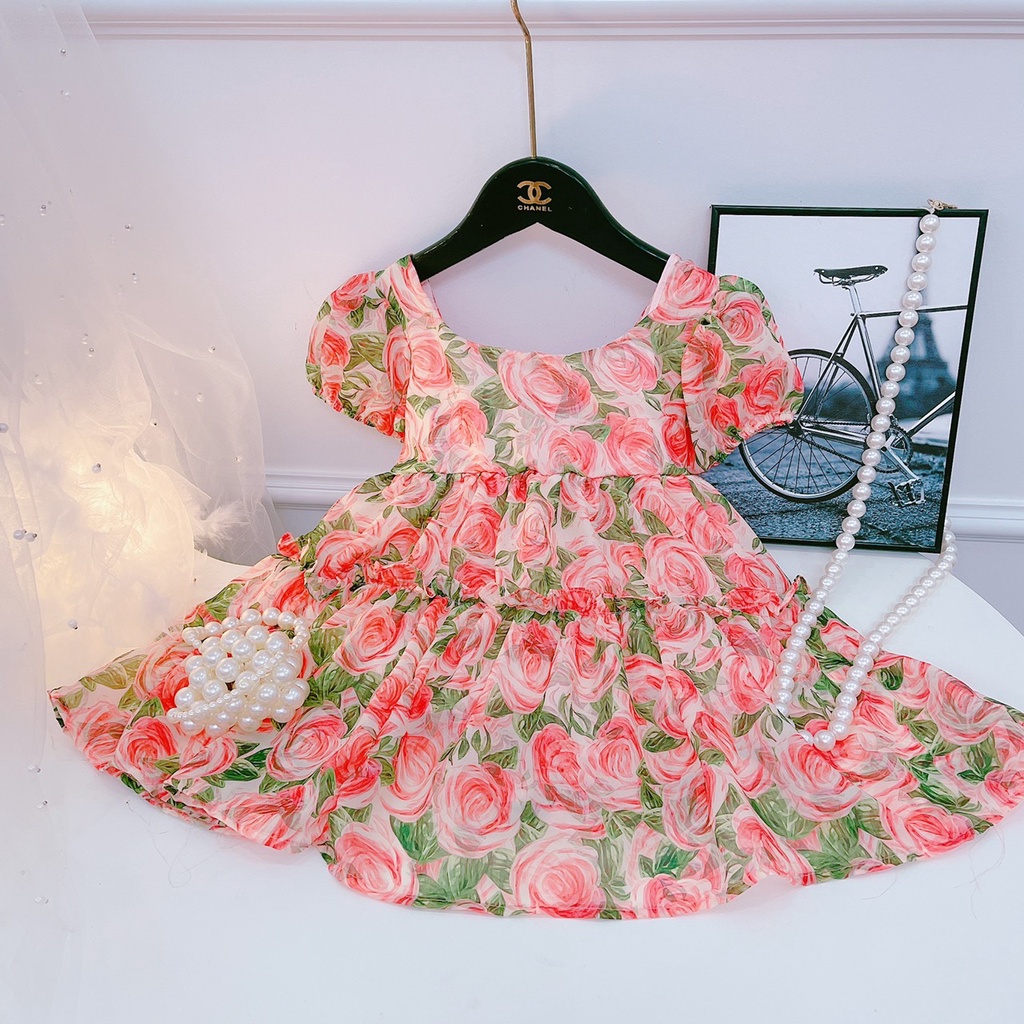 Váy công chúa cho bé, đầm voan bé gái họa tiết hoa tay phồng khóa kéo sau lưng (C2) | BigBuy360 - bigbuy360.vn