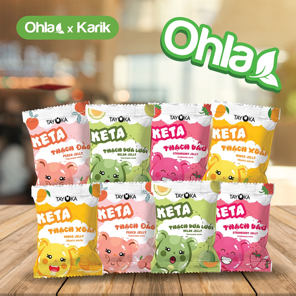 Combo 4 Vị Thạch Trái Cây Keta gồm 2 túi thạch xoài, 2 túi thạch đào, 2 túi thạch dâu, 2 túi thạch dưa lưới