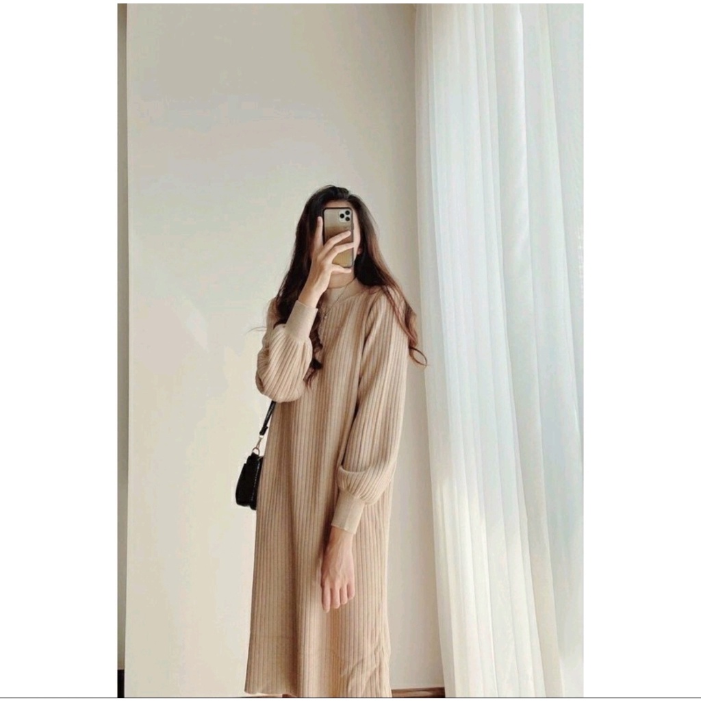 VÁY LEN NỮ DÁNG SUÔNG DÀI TAY, VÁY DÁNG SUÔNG TAY BỒNG CHẤT TIXI ĐẸP