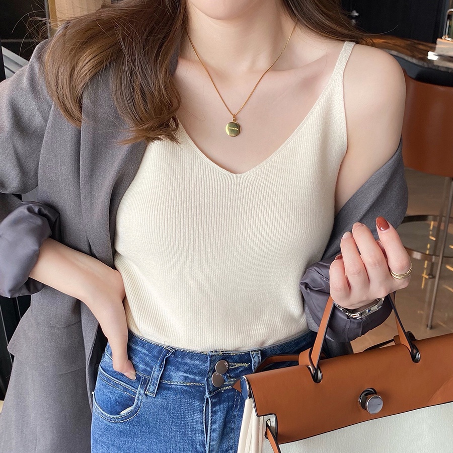 Áo dệt kim 2 dây SUXI cổ chữ V màu trơn đơn giản thời trang mùa hè cho nữ