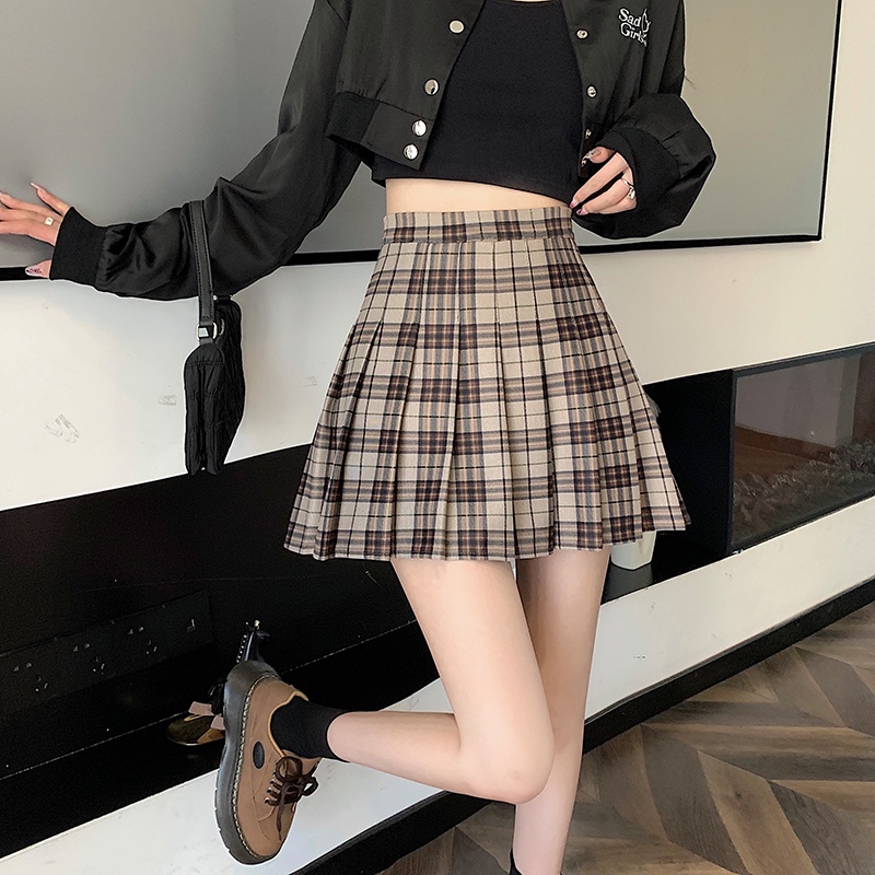 Chân Váy Chữ A Lưng Cao Họa Tiết Sọc Caro Thiết Kế Mới Thời Trang Mùa Thu Dành Cho Nữ