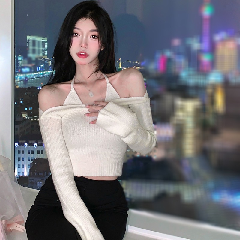 Set Áo Croptop Áo Thun Dài Tay Dây Màu Sắc Đơn Giản + Áo Khoác Cardigan Dệt Kim Thiết Kế Thanh Lịch Cho Phái Nữ
