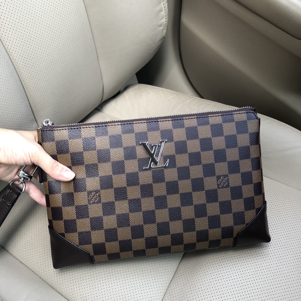 Ví cầm tay nam da thật thời trang cao cấp Louis Vuitton LV sọc caro