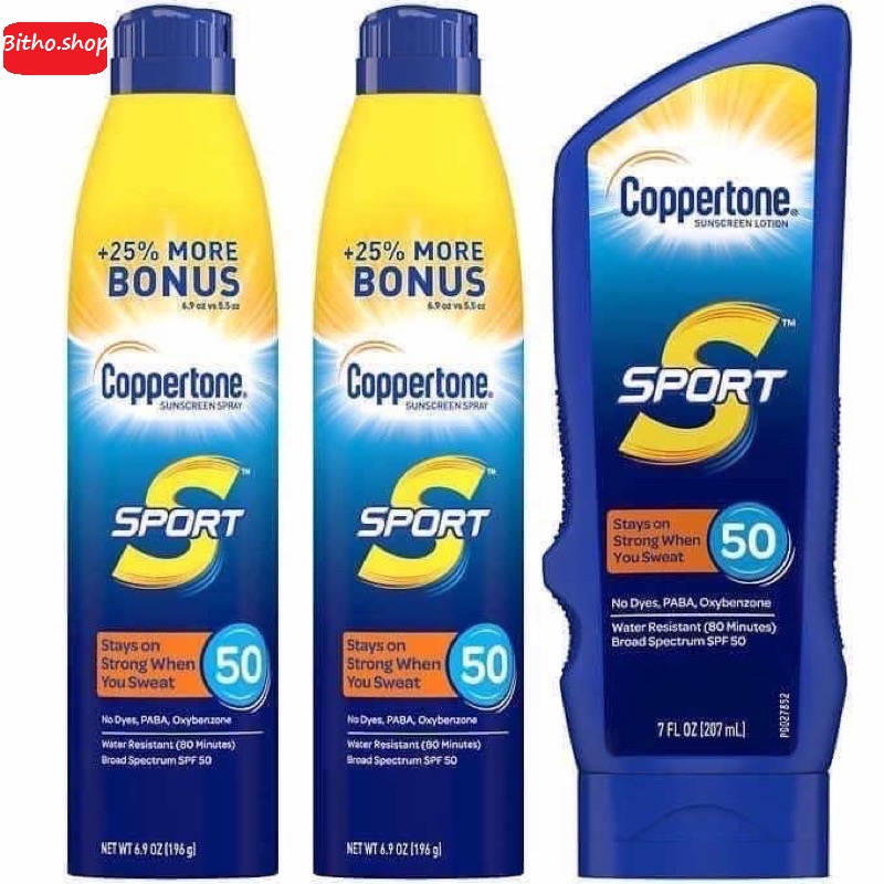 Kem / bình xịt chống nắng thể thao COPPERTONE SPF 50 -Mỹ