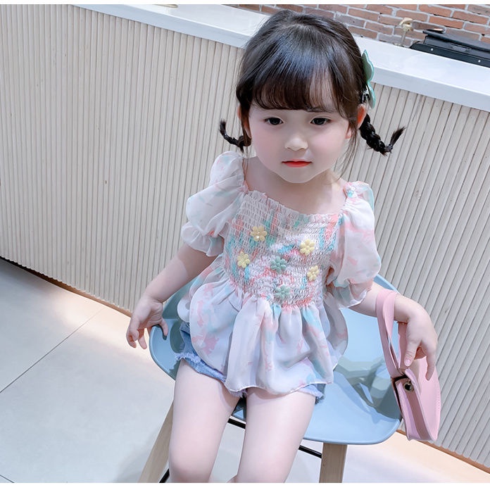 Áo Kiểu Tay Ngắn Chất Chiffon Hoạ Tiết Hoa Thời Trang Cho Bé