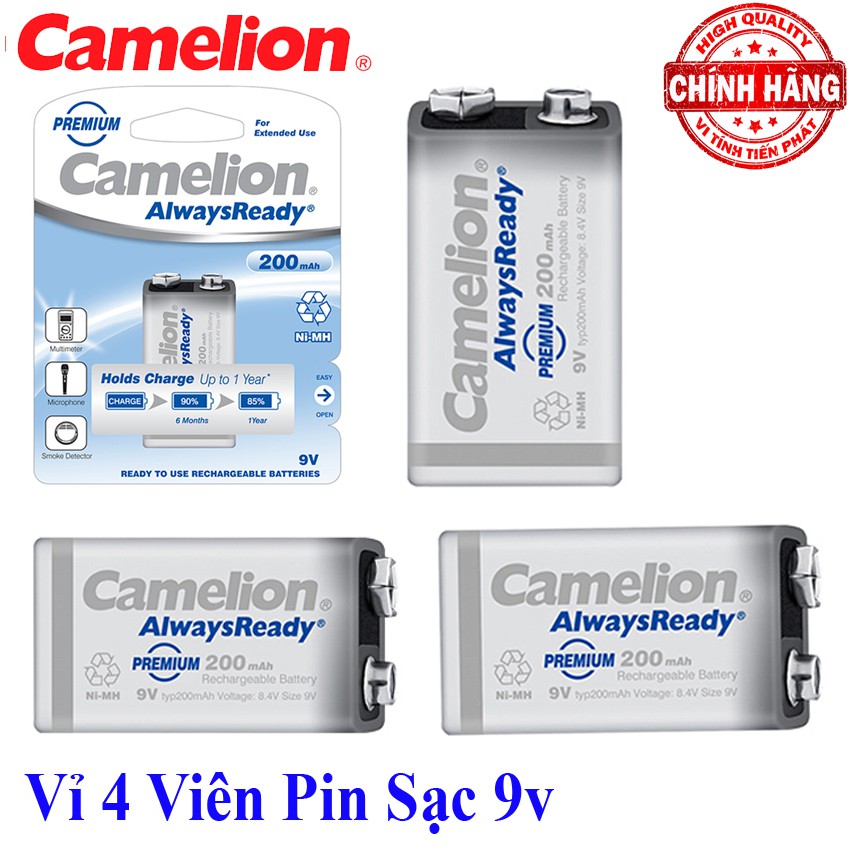 Vỉ 4 Viên Pin Sạc vuông 9V Camelion AlwaysReady dung lượng 200mAh