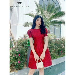 Đầm Gấm Hoa Nổi Tay Phồng Cao Cấp