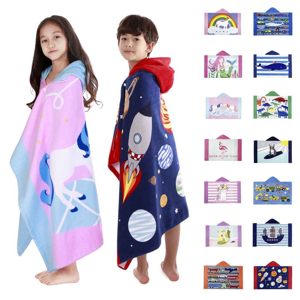 Khăn Tắm Đi Biển Kích Thước Ngoại Cỡ 76X127Cm Có Mũ Trùm Cho Bé Trai Và Gái Từ 3-12 Tuổi