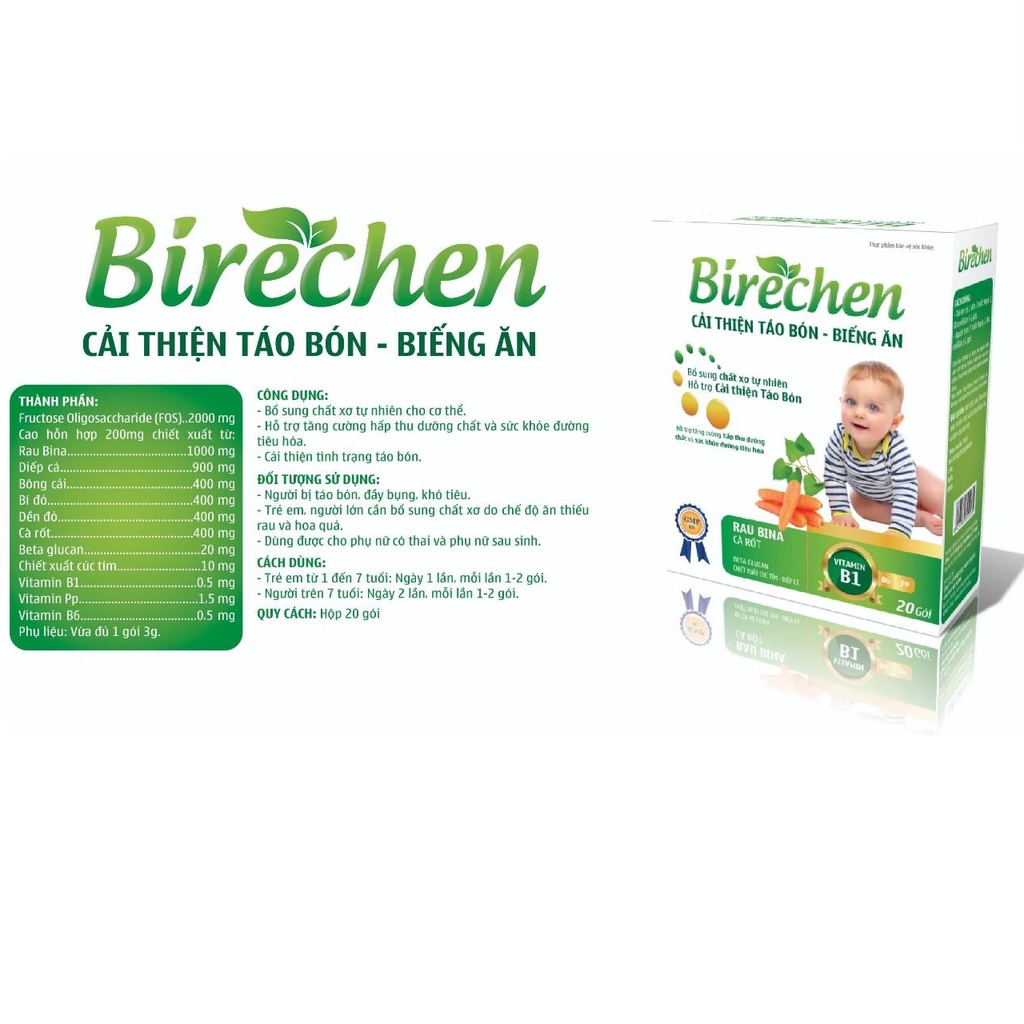Táo bón Birechen hộp 20 gói giúp bổ sung chất xơ, cải thiện tình trạng táo bón, tăng cường tiêu hóa