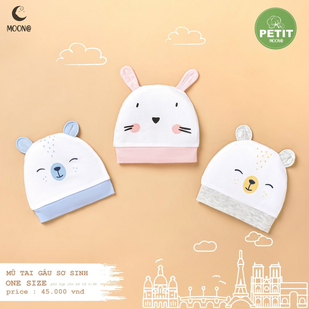 Mũ Bao tay Bao chân MOON vải petit mềm mỏng hình gấu kẻ bé sơ sinh 0-3M