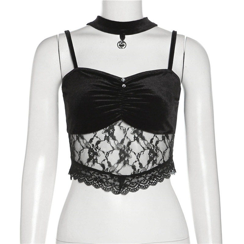 Brroa Áo Crop Top Không Tay Có Vòng Choker Gợi Cảm Bằng Nhung Viền Ren Mỏng Vừa Vặn Phong Cách Gothic Harajuku Quyến Rũ Cho Nữ