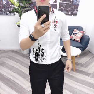 [HOT] Áo Sơ Mi Nam Viền Cổ Họa Tiết Thư Pháp Cao Cấp | Hàng Đẹp