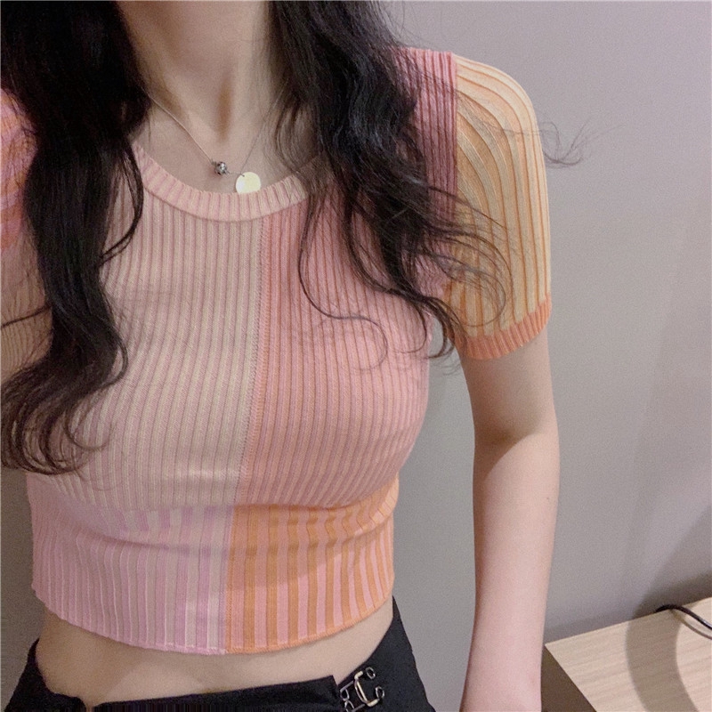 SUXI Summer fashion new striped short-sleeved knitted T-shirt
