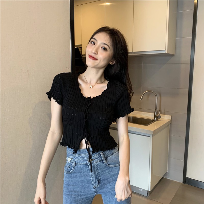 SUXI Áo Croptop Dệt Kim Tay Ngắn Thiết Kế Cổ Chữ V Nữ Tính