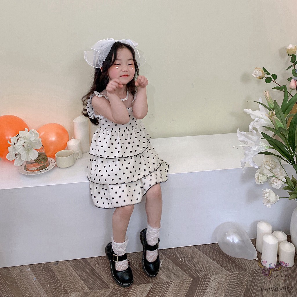 Đầm Công Chúa Không Tay Họa Tiết Chấm Bi Phối Bèo Phong Cách Hàn Quốc Cho Bé Gái