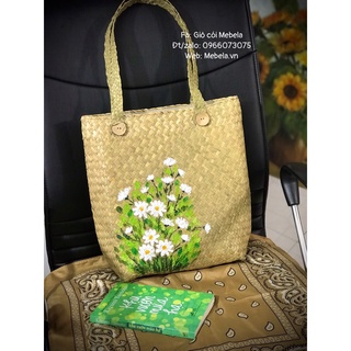 Túi cói chữ nhật 4 cúc quai tết vẽ tay hoa cúc họa mi