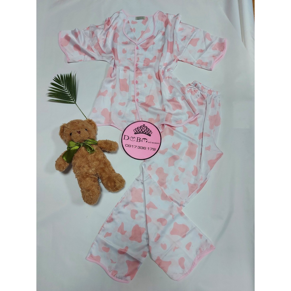 Đồ pijama lụa satin họa tiết bò sữa