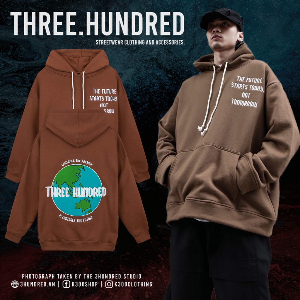 Áo Hoodie Unisex Thêu Trái Đất-Phía Trước Thêu Chữ-Đường Thêu Tỉ Mỉ-Vải Nỉ Bông Dày Dặn-Form Rộng-Màu Nâu Đậm