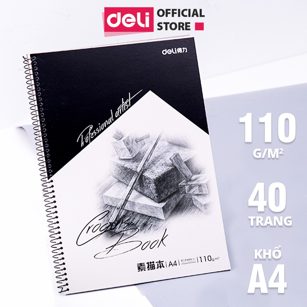 Sổ phác thảo lò xo 110gsm A4 40 trang Deli vẽ chì tranh chân dung phác họa sketchnote sketchpaper dễ dàng bám chì mà màu