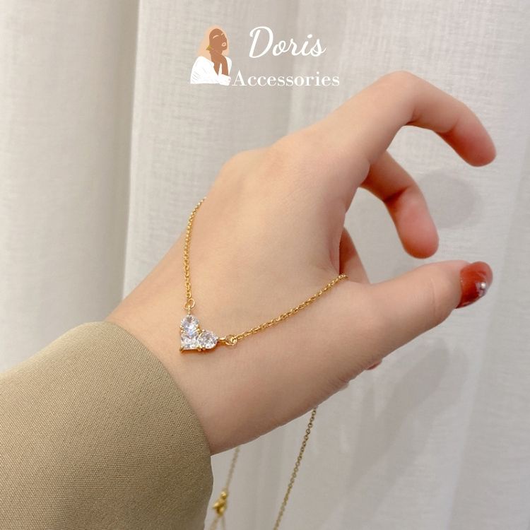 Dây chuyền nữ Doris, vòng cổ nữ titan mạ vàng 14K dáng mảnh, mặt đá trái tim thanh lịch, không gỉ, không phai
