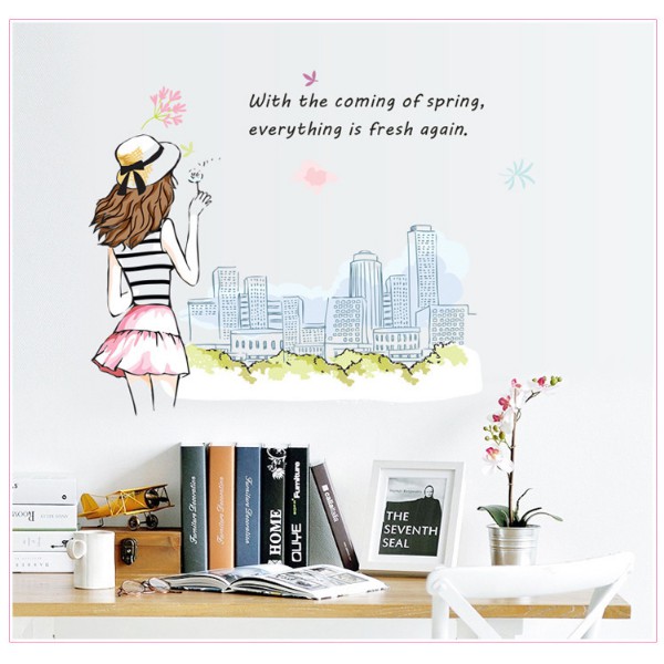 Decal trang trí tường - Cô Gái Hồn Nhiên cạnh Thành Phố Lớn