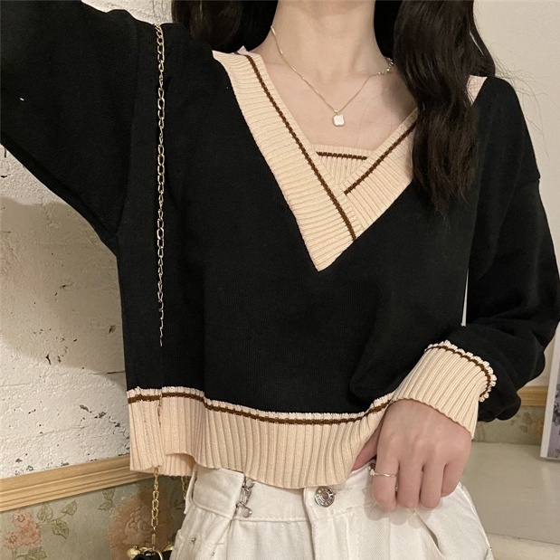 Áo Dệt Kim Tay Dài Giả Hai Lớp Cổ Chữ V Phong Cách Nhật Bản Thời Trang Mùa Thu Hàng Mới Dành Cho Bạn Nữ