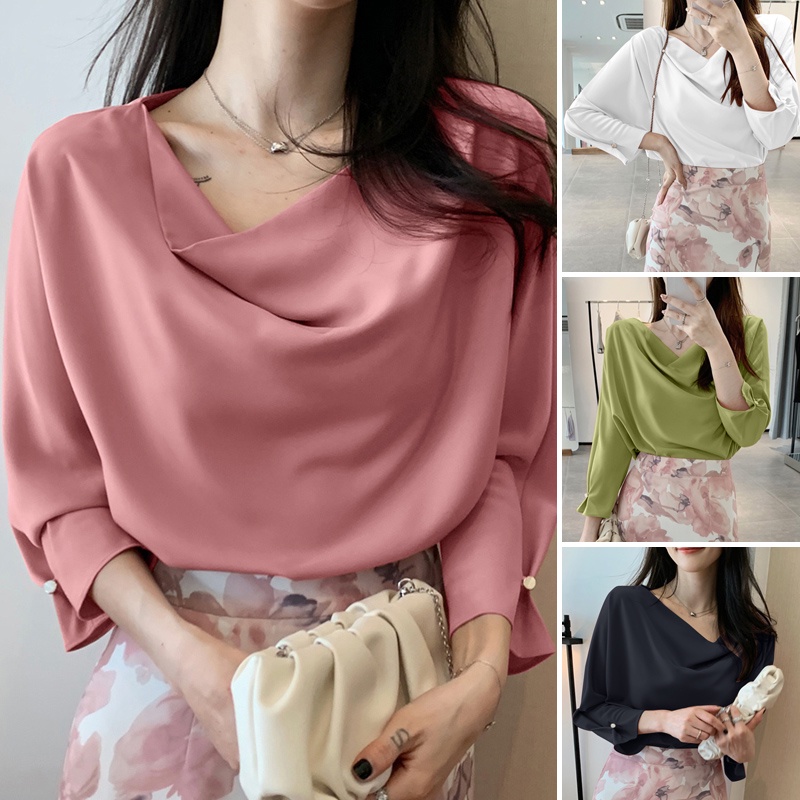 Áo kiểu ZANZEA tay lửng 3/ 4 vải satin màu trơn thời trang cho nữ