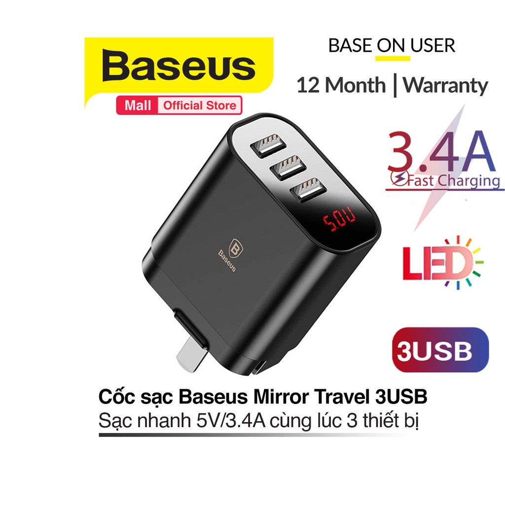 Củ sạc Baseus Mirror Travel Sạc nhanh 5V/3.4A 3 Cổng USB cùng lúc cho nhiều thiết bị khác nhau