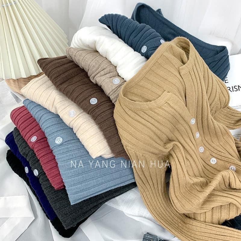 Áo thun thu đông gân tăm hot trend, cổ tim, cúc trước ngực free size, đen, trắng ghi, xanh, cam