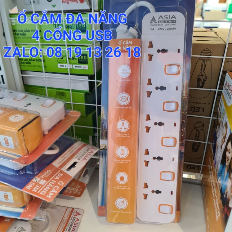 Ổ cắm Đa Năng liền dây Asia, đa năng thường và đa năng tích hợp 4 Cổng Sạc điện thoại, bảo hành 2 năm
