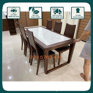 Bàn ăn mặt đá mẫu mới 6 ghế gỗ sồi cao cấp