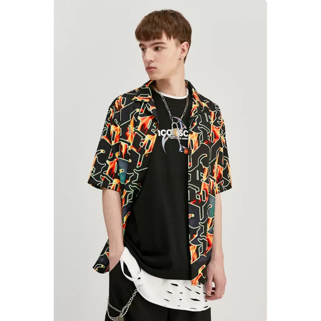 Áo sơ mi họa tiết MEANSTORE nam nữ tay lỡ Oversize form rộng ulzzang cổ pizama không nhăn dáng suông - Họa tiết lửa