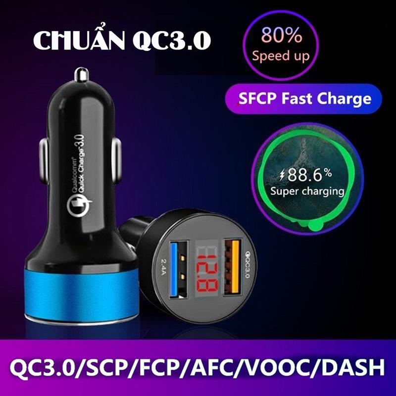 Tẩu Sạc nhanh xe hơi có đèn Led hiển thị 2 cổng USB bộ cốc sạc ô tô loại PD có đo điện áp