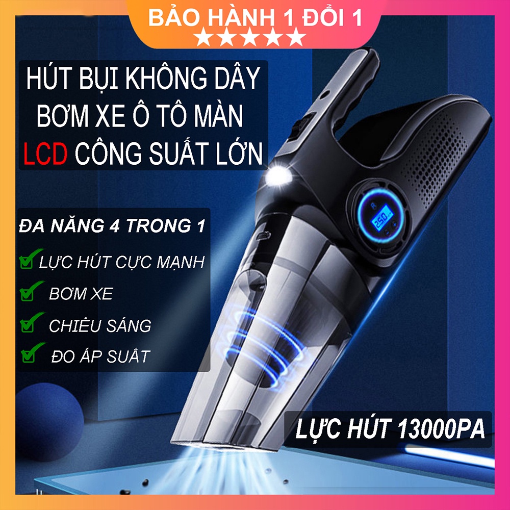 Máy hút bụi ô tô siêu khoẻ, bơm hơi, kiểm tra áp suất, chiếu sáng, màn hình kỹ thuật số LCD siêu sang