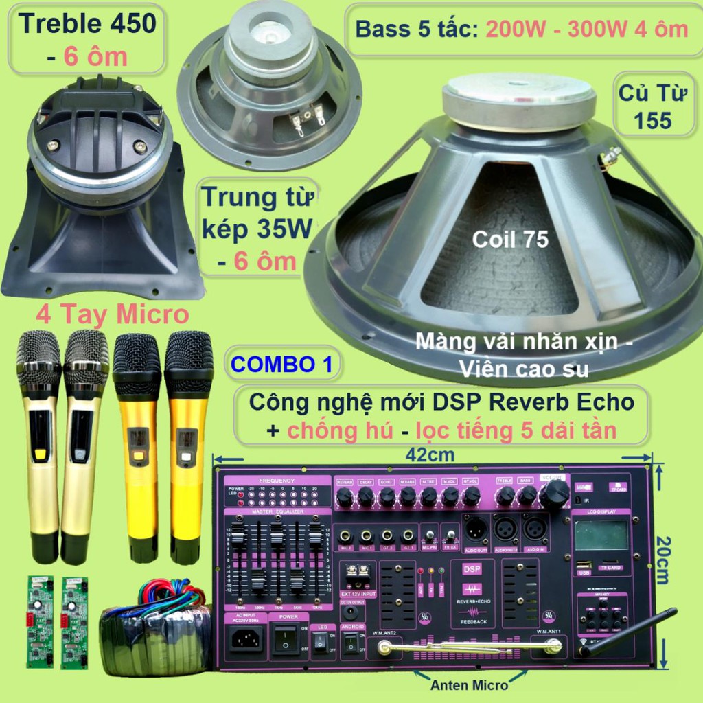 Mạch loa kéo 5 tấc đơn công suất 400W DSP Reverb Echo có chống hú Equalizer 5 Band loa Bass Trung Treble và Micro UHF