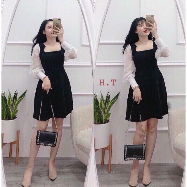 Váy nữ cổ vuông chất umi dáng xòe phối tay voan bồng phom từ 40kg đến 60kg váy đen tay bồng | BigBuy360 - bigbuy360.vn