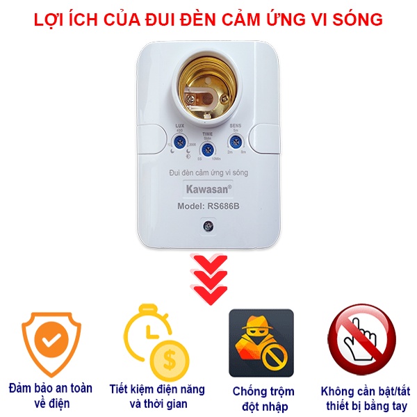 Đui đèn cảm ứng vi sóng Kawasan RS686B ( Có ngõ ra cho đèn, còi phụ)