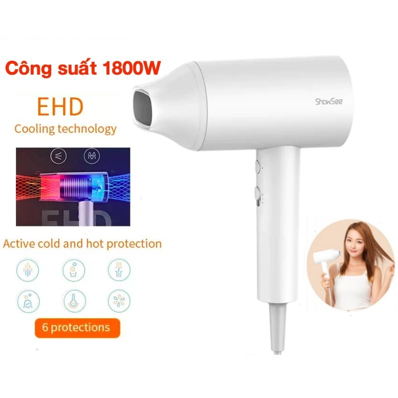 Máy sấy tóc bổ sung ion âm Xiaomi ShowSee A1 1800W cao cấp Chống Xù Rối Khô Tóc